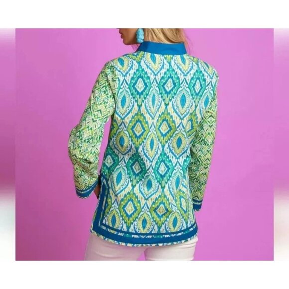NicoBlu Womens 1X Tunic Top Green & Blue Ikat Print Long Sleeve - Picture 4 of 14
